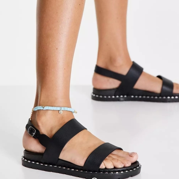 London Rebel Flat Studded Sandals in Black - Picture 3 of 3